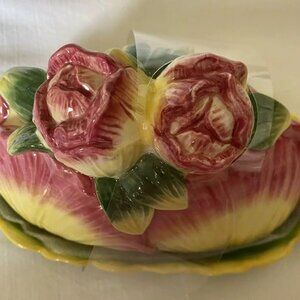 Corner Ruby Botanical Collection Roses Flower Multicolor Butter Dish Ceramic NEW